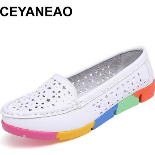 CEYANEAO Women Casual Ballet loafers Flats Shoes Perforated Genuine Leather Slip on Cut Out Camouflage Ladies Soft ballerina