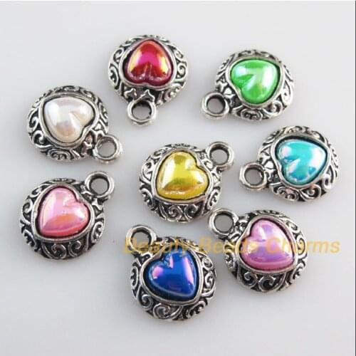 16 New Charms Mixed Acrylic Flatback Heart Pendants Tibetan Silver Color 13x16mm