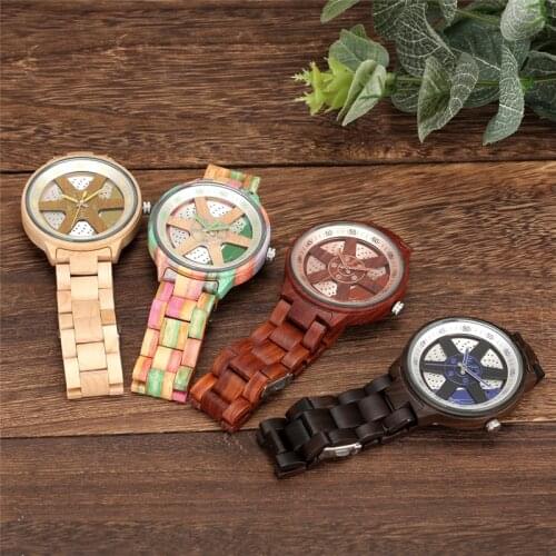 Handmade Bamboo Watch Wheel Dial Design Mens Wooden Wristwatch Quartz Display Full Wood Bracelet Band Woody Clock Timepiece