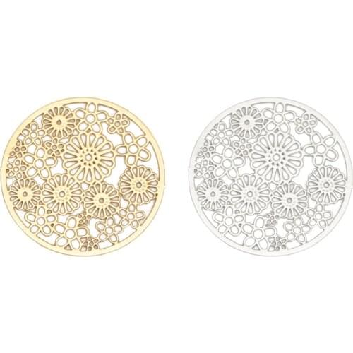DoreenBeads Fashion Iron Based Alloy Filigree Stamping Connectors Round Silver Color Gold Flower DIY Charms 23mm Dia, 10 PCs