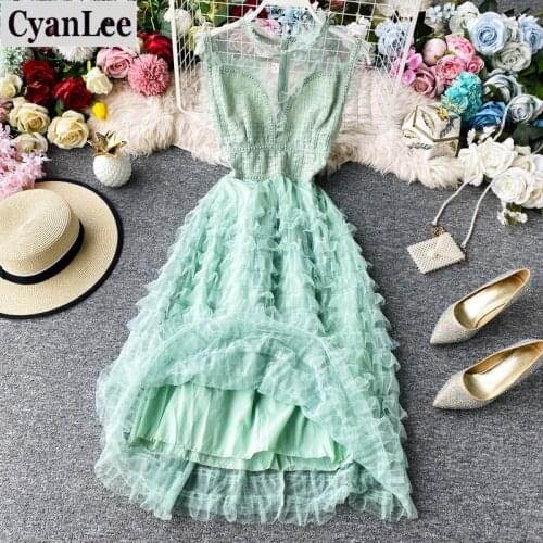Cyanlee Mesh Partchwork Elegant Women Party Dress 2020 Solid Sleeveless O Neck Banquet Dresses Female Fashion Korean Vestidos