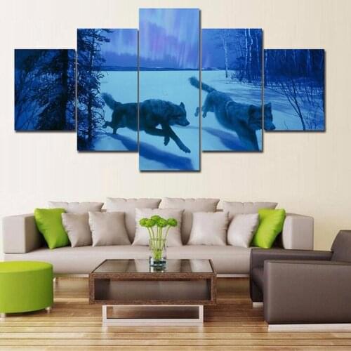 Tableau Art Modern HD Printed Canvas 5 Panel Hunting Wolf Snow Night Scenery Home Decor Paintings Modular Posters framework