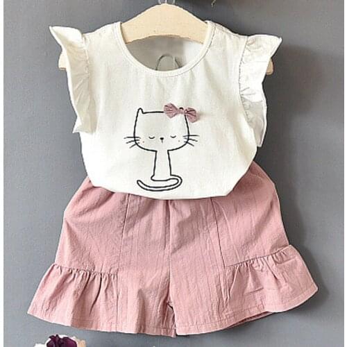 Girls Sets 2020 Summer New Childrens Clothing Girls Cute Cat Bow Ruffled T-Shirt + Solid Color Shorts Two-Piece Suit