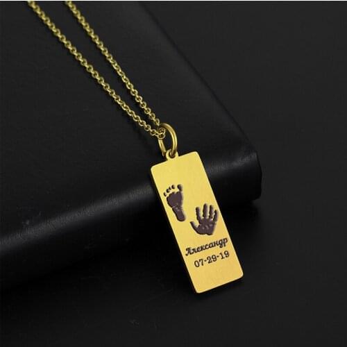 Lemegeton Cute Footprint Handprint Custom Name Date Of Birth Weight Height For Newborn Commemorate Necklace New Mom Dad Gift