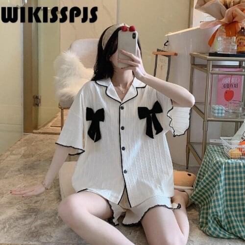 2021 New Summer Short Sleeve Cardigan Suit Korean Sweet Bow Home Clothes Pajama Shorts Pajamas for Teen Girls