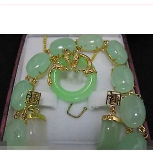 Charming Set Jewelry Green jade Bracelet earring pendant Chain
