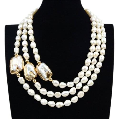 3 Strands Natural White Freshweater Pearl Baroque Pearls Connector Necklace 8-9mm Pearl Luxury Jewelry Length 17-19 inch Fashion