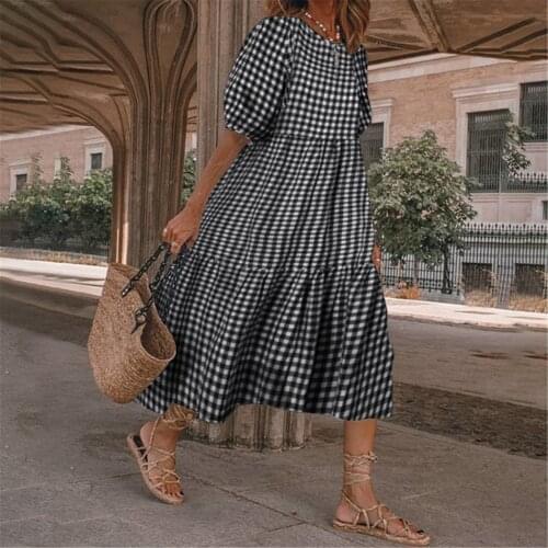 Harajuku Summer Dress 2021 Plaid Printed Vintage Dress Casual Loose Splicing Woman Dress Puff Sleeve Ropa Mujer Boho Dresses