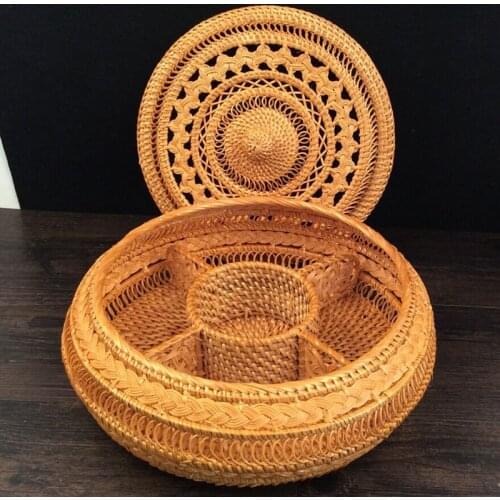 Wicker Rattan Basket with Lid Tray for Dried Fruit Snacks Candy Home Organization Woven Storage Basket Tea Cake Handcraft Box