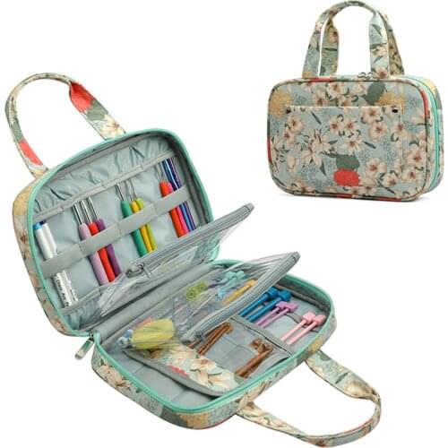 Portable Crochet Hooks Case Knitting Needles Organizer Zipper Bag Storage Tote with Pockets & Slots for Crocheting Accessories