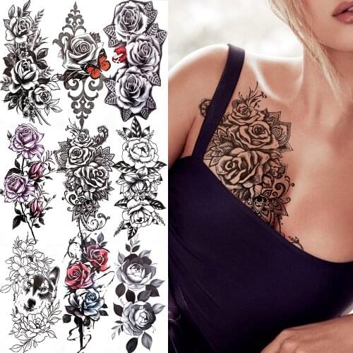 Rose Flower Peony Blossom Temporary Tattoo For Women Fake Butterfly Tattoo Sticker For Adults Sexy Lace Black Transfer Tatoos