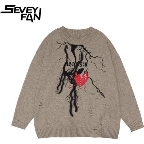 SEVEYFAN Hi Street Mens Fashion Abstract Ripped Sweater Hip Hop Loose Knitwear Streetwear Autumn Pullover Sweaters for Couples