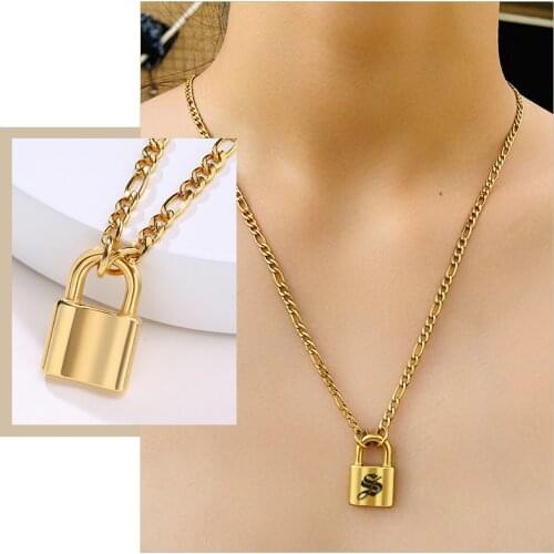 Chic Customize Inital Alphabet PadLock Choker Necklaces for Women, Gold Tone Stainless Steel Figaro Chain Gifts Jewelry