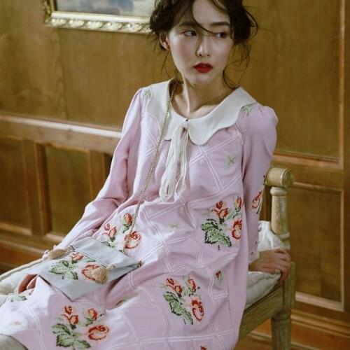 Spring Autumn Women Loose Pink Midi Dress Ladies Cute Prairie Chic Peter Pan Collar Luxury Cross Stitch Embroidery A-Line Dress