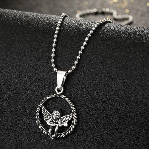 1PC Vintage Metal Hollow Round Angel Necklace Pendant For Women Men Punk Gothic Cupid Wing Choker Clavicle Chain Jewelry N133-2