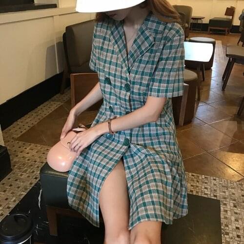 Vintage Double Breasted Suit Collar Plaid Dress Womens Kawaii Lovely Dresses Ins Female Sweet Harajuku Punk Clothes For Women