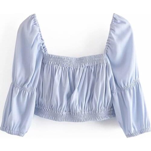 YENKYE Light Blue Sexy Backless Cropped Top Women Square Neck Fashion Summer Blouse Blusas Tops