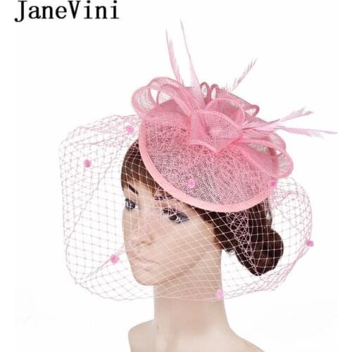 JaneVini British Ladies Wedding Hats and Fascinators for Women Pink Birdcage Face Veil Elegant Brides Feathers Bridal Hat Black
