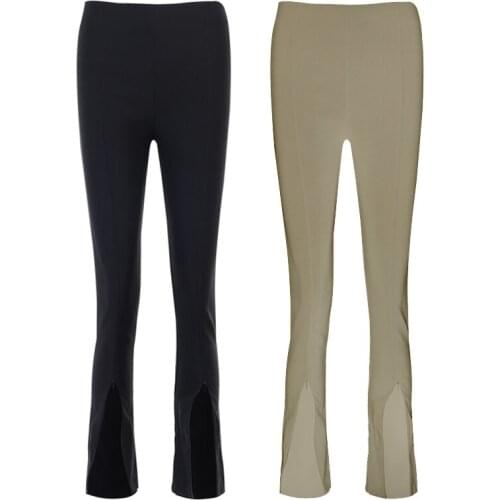 Women High Waisted Solid Color Pencil Pants Sexy Zipper Slit Hem Bodycon Skinny Trousers Office Lady Stretch Streetwear