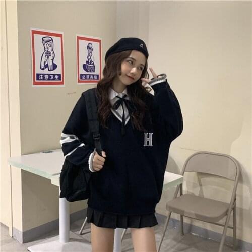Women 2021 New Autumn Knitwear Sweater Pullover Preppy Style V-neck Japanese School Uniform Harajuku Loose Sweaters Student Tops