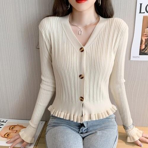 Spring Autumn Knitted Open Stitch Sweater Womens Long Sleeve Edible Tree Fungus V-Neck Sweaters Solid Slim Elasticity Top Femme