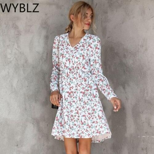 WYBLZ 2021 Spring Summer New Womens Clothing A-line Skirt V-neck Long Sleeve Printed Loose Dress Bohemian Sweet White Dress