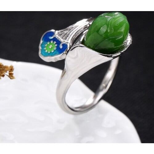 Vintage Real 925 Silver Adjustable Ring For Lady Natural Jasper Cloisonne Lotus Female Ring Luxury Jewelry Wholesale