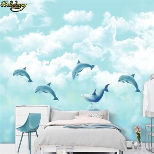 Beibehang Custom 3d wallpaper mural nordic hand drawn cartoon ocean sky white cloud dolphin children room background wall paper