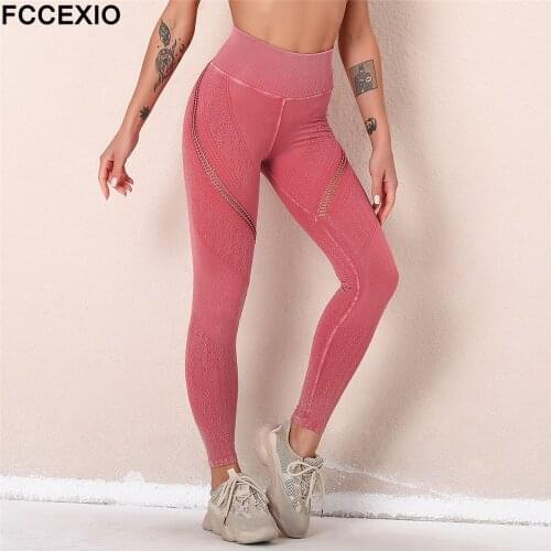 FCCEXIO Seamless Leggings Women Squat Proof High Waist Breathable Yoga Pants Running Elastic Hollow Active Fitness Sports Tights