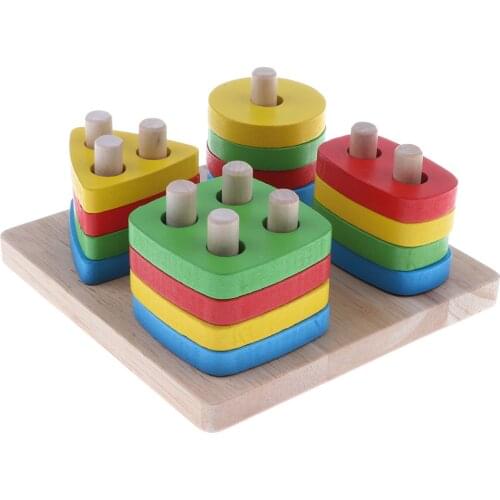 Wood Geometry Block Stack Pegging Game Colors And Shapes Sorting Game Montessori
