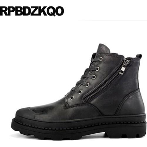 Full grain leather comfortable zipper black booties thick soled winter men boots with fur faux brown shoes handmade plus size