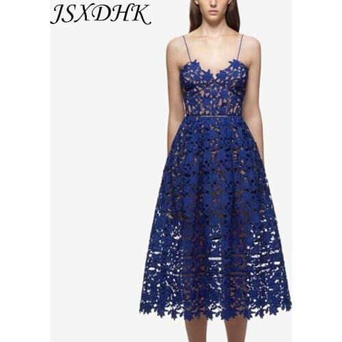 JSXDHK Self-Portrait Runway Holiday Midi Dress 2021 Summer Women Hollow Out Lace Spaghetti Strap Ladies Sexy V Neck Party Dress
