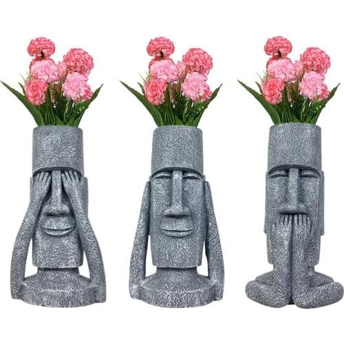 Easter Island Stone Statue Flower Pot Resin Planter Pot Ornament Decoration See Hear Speak Resin Sculpture For Home Garden Decor