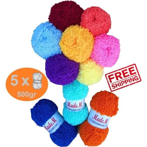 MadeM Boucle Baby Soft Yarn 5x100gr-100mt %100 Micro Polyester Hand Knitting Crochet Soft Curly Fancy Chunky Fluffy Mink Cord