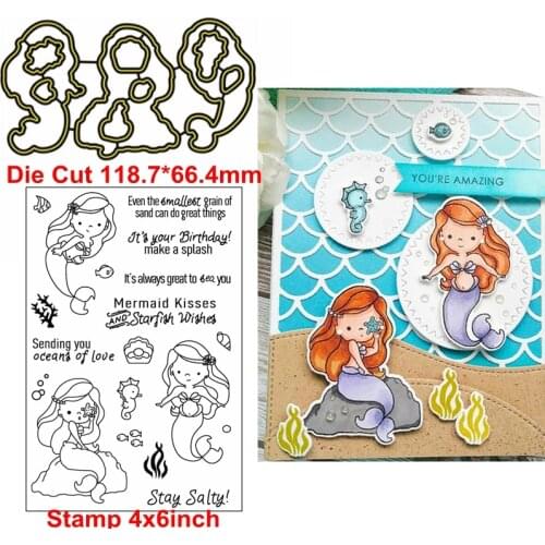 Mermaids Kisses And Starfish Wishes Die Cut+Clear Stamp Mermaids&Phrases Metal Cutting Dies+Clear Stamp For Card Making New 2019
