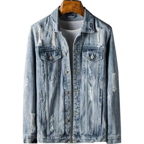 Mens Denim Jacket Long Sleeve Slim Fit Blue Coat Applique Distressed Decoration Young Mens Streetwear for Autumn and Winter