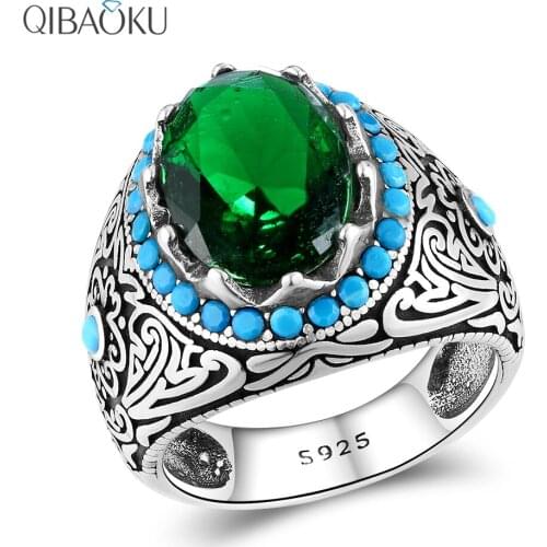 925 Silver Ring for Men Oval Emerald Zircon Stone Ring Green Gemstone Jewelry Male Thai Silver Turkish Jewelry Rings for Women