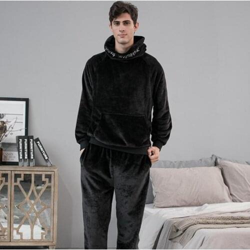 Male Flannel Large Pajamas Suit Coral Velvet Pyjamas Set Autumn Winter Clothes Men Hooded Home Clothes Thickened Sleepwear Loose