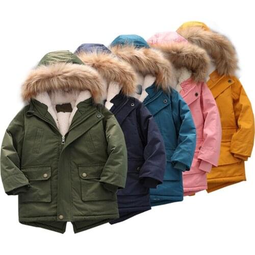 New Winter Jackets For Girls Plus Velvet Warm Coat Thicken Fur Collar Hooded Kids Windbreaker Outerwear 2-7Y Childrens Clothing