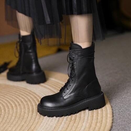 QZYERAI 2021 Autumn Ankle Boots Thick Heels Lace Up Round Toe Black Genuine Leather Motorcycle Boot Shoes Office