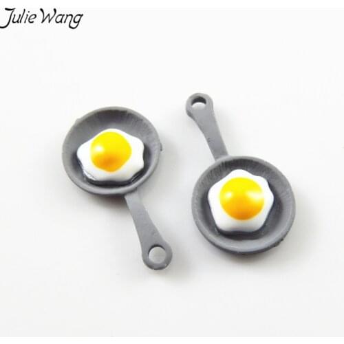 Julie Wang 5PCS Fried Egg Breakfast Food Yellow White Sunny Side Up on Gray Alloy Pan Pendant Charm for DIY European Jewelry