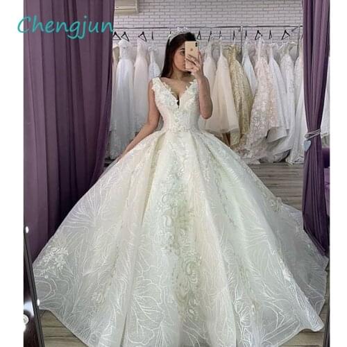 Chengjun V Neck Appliques Beaded Ball Gown Luxury Lace Wedding Dress