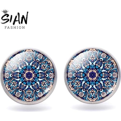 SIAN Charm Mandala Glass Round Earrings Datura Flower Art Picture OM Symbol Hinduism Buddhism Earring Women Jewellery Best Gift