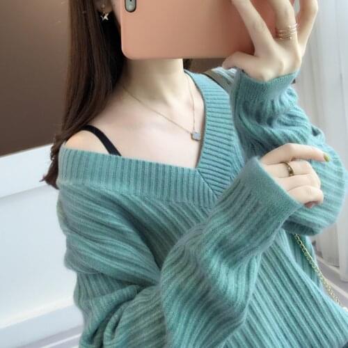 Sweater Women Pullover Loose sweaters 2020 Women Spring Autumn New Long-Sleeved Korean-Style V-neck off shoulder Sweater 1101H