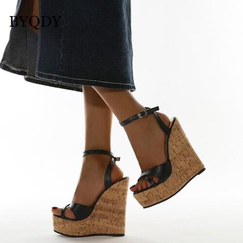 BYQDY Platform Wedges Simplicity Open Peep Toe Buckle Strap Pumps For Woman High-heel Comfort Ladies Pumps Shoes Rubber Sole