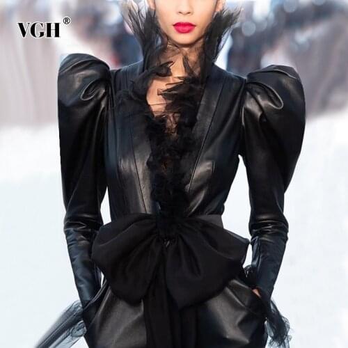 VGH Patchwork Mesh PU Leather Womens Jackets V Neck Puff Long Sleeve High Waist Slim Bow Coat Female Clothing 2020 Fashion Tide