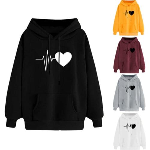 Women Heart Printed Hoodie Sweatshirt Autumn Outwear Long Sleeve Pullover Hooded Casual Hip-hop Skateboard Thrasher Sweatshirt