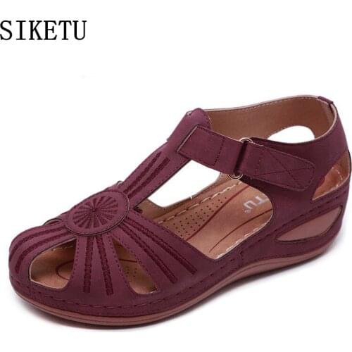 SIKETU summer womens leather sandals non-slip holiday beach wedge comfortable women sandals middle-aged mother sandals