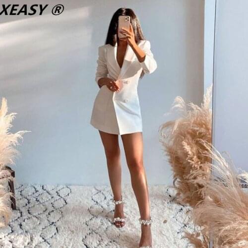 XEASY Women Fashion Back Hollow Out Design Blazer Coat Sexy Long Sleeve Double Breasted Female Elegant Outerwear Chic Suits Top