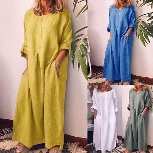 Women Long Dress Summer Casual Elegant Female Dress Ladies Vintage Solid Color Long Sleeve O Neck Pockets Maxi Dress Tunic Kafta